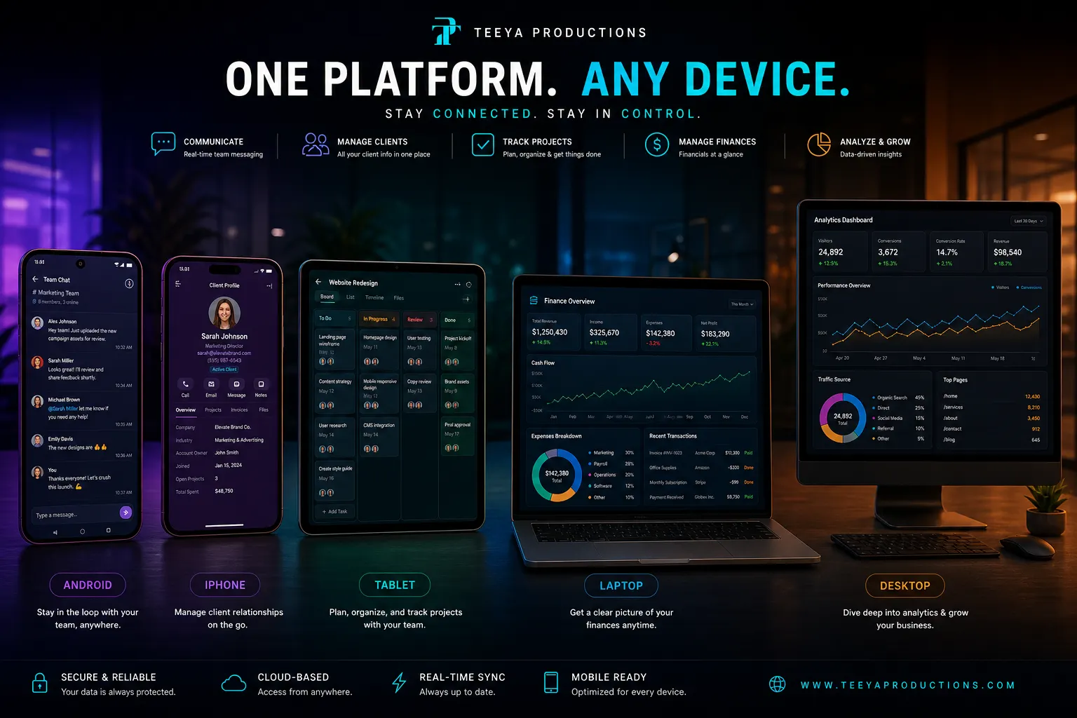 Teeya Productions — one platform on phone, tablet, and desktop