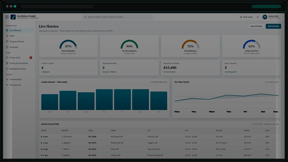 Northline Freight — live metrics and truck ETAs