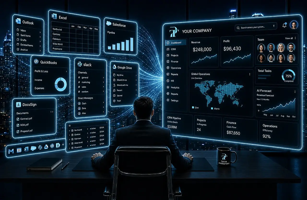 Teeya Productions command center — Outlook, Excel, Salesforce, QuickBooks, Slack, Drive, and DocuSign flowing into one branded company dashboard